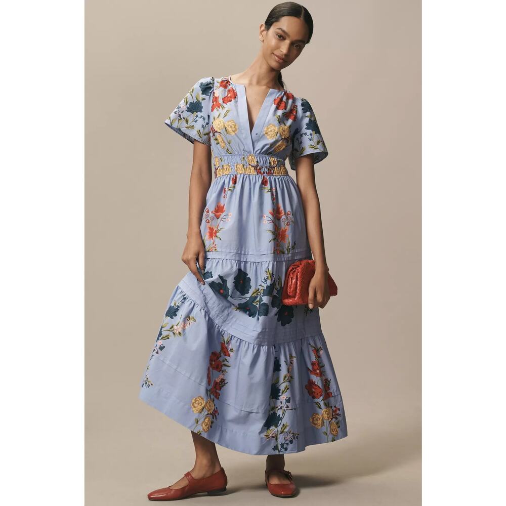 Anthropologie Light Blue Floral Maxi Dress